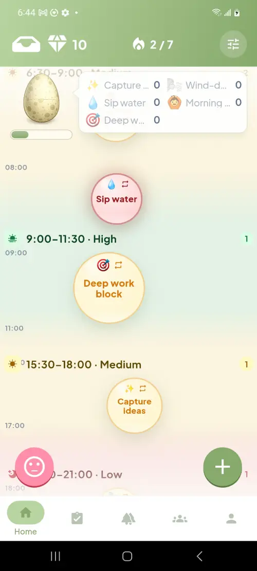 ZoBud home screen showing ADHD tasks as colorful Energy Bubbles sized by effort and colored by urgency