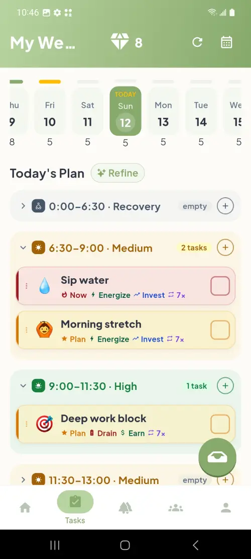 ZoBud today plan screen showing tasks grouped into energy-friendly planning buckets